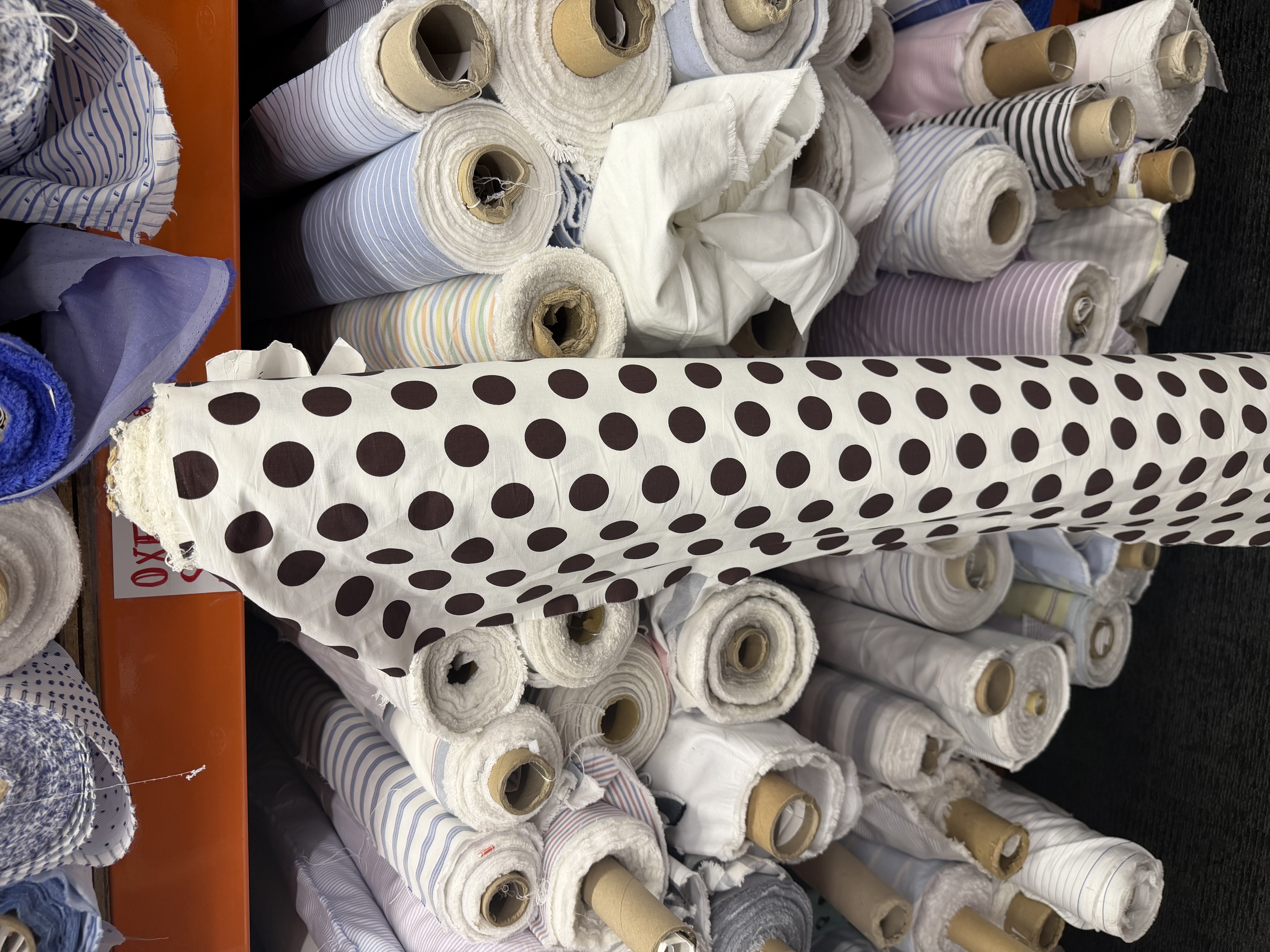 The white and brown polka dot cotton fabric bought at Mood Fabrics in New York's Garment District
